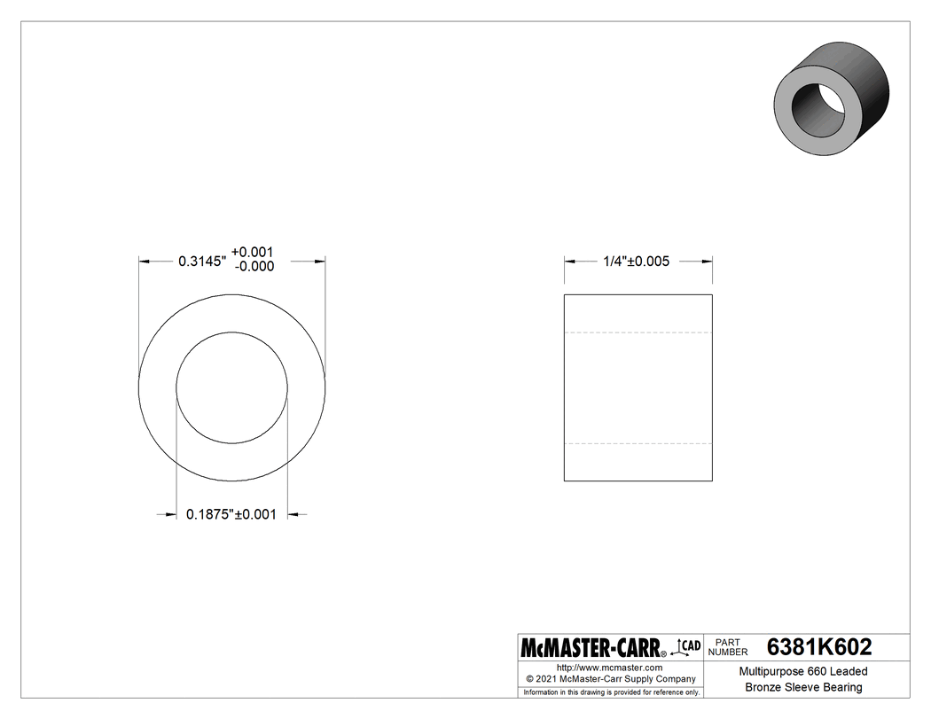 Technical Drawing of High-Strength 932 Bearing Bronze Sleeve Bearing, for 3/16" Shaft Diameter and 5/16" Housing ID, 1/4" Long.